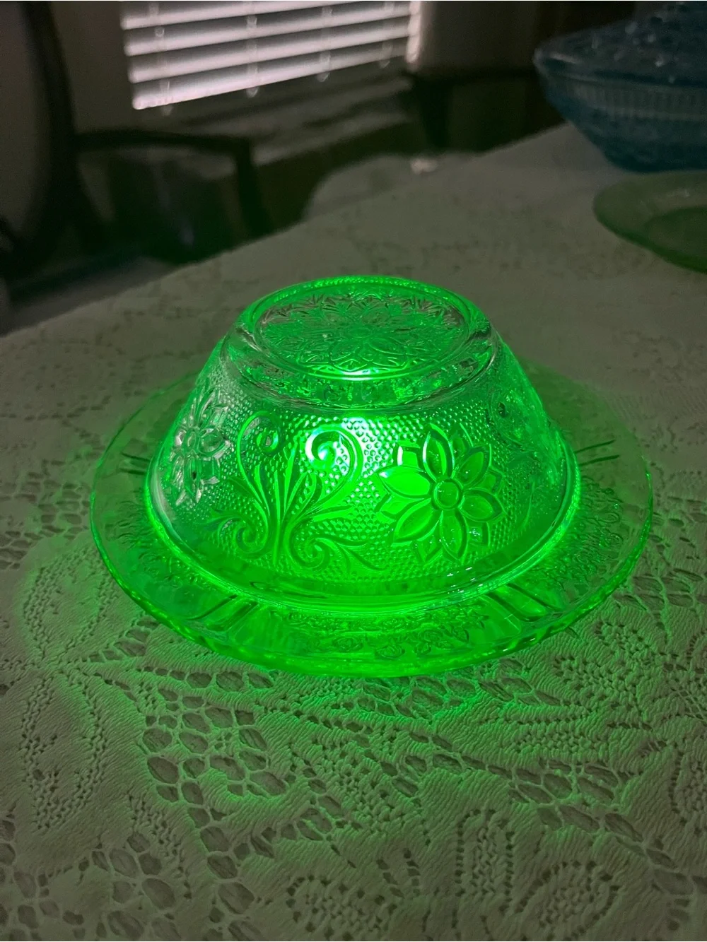 Vintage Tiara Sandwich Glass on Glowing Green DepressionGlass Saucer|UV Reactive